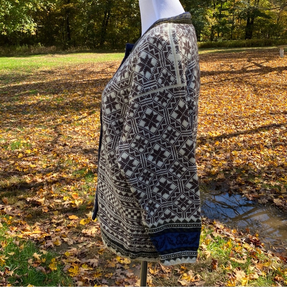 OLEANA NORWAY SWEATER CARDIGAN BROWN CREAM BLUE FAIR ISLE WOOL SQUARE NECK S - Picture 6 of 11